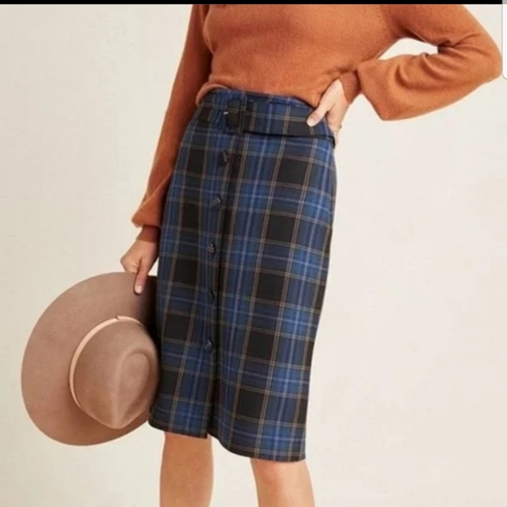 Anthro Meave Bernadette Blue Tartan Pencil Skirt